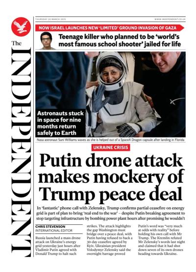 The Independent Newspaper Front Page (UK) for 20 March 2025