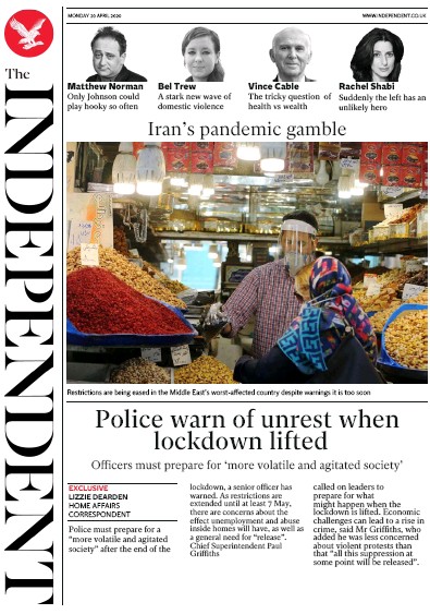 The Independent Newspaper Front Page (UK) for 20 April 2020