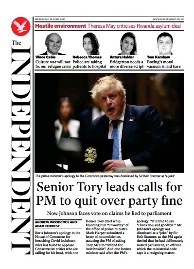 The Independent Newspaper Front Page (UK) for 20 April 2022