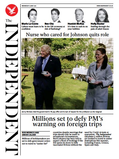 The Independent Newspaper Front Page (UK) for 20 May 2021