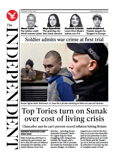 The Independent Newspaper Front Page (UK) for 20 May 2022