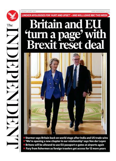 The Independent Newspaper Front Page (UK) for 20 May 2025