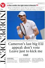 The Independent (UK) Newspaper Front Page for 20 June 2016