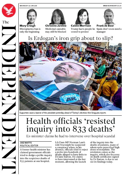 The Independent Newspaper Front Page (UK) for 20 June 2018
