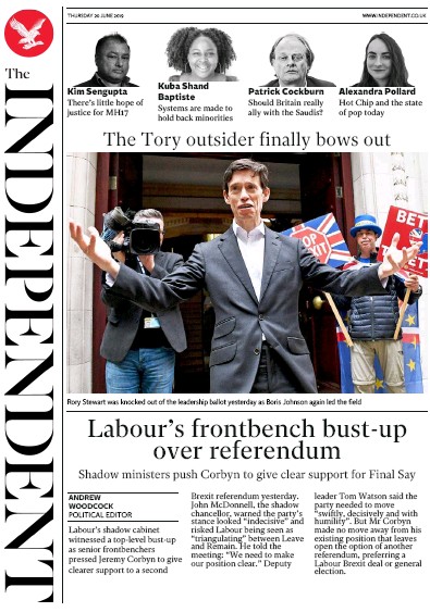 The Independent Newspaper Front Page (UK) for 20 June 2019
