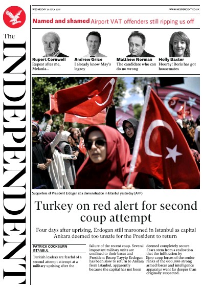 The Independent Newspaper Front Page (UK) for 20 July 2016