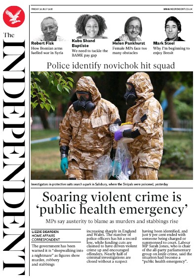 The Independent Newspaper Front Page (UK) for 20 July 2018