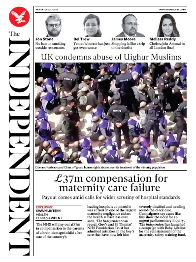 The Independent Newspaper Front Page (UK) for 20 July 2020