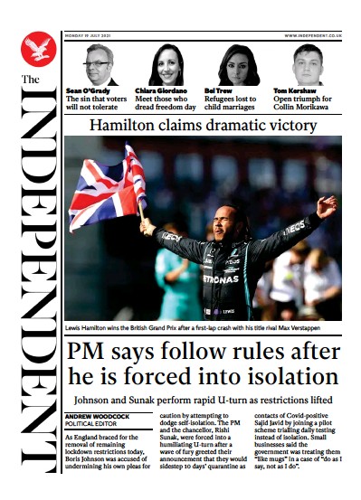 The Independent Newspaper Front Page (UK) for 20 July 2021