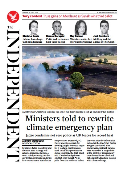 The Independent Newspaper Front Page (UK) for 20 July 2022