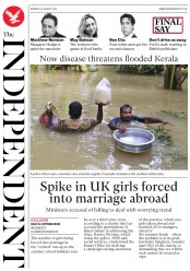 The Independent (UK) Newspaper Front Page for 20 August 2018