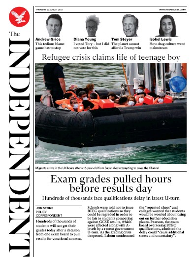 The Independent Newspaper Front Page (UK) for 20 August 2020