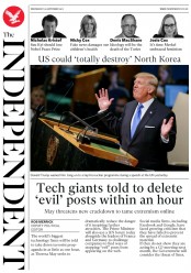 The Independent (UK) Newspaper Front Page for 20 September 2017