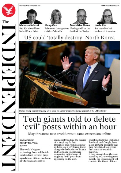 The Independent Newspaper Front Page (UK) for 20 September 2017