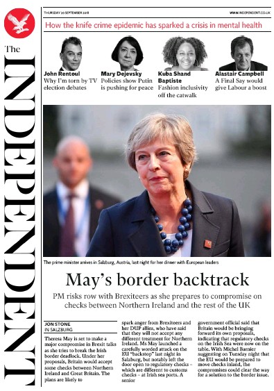 The Independent Newspaper Front Page (UK) for 20 September 2018