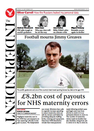 The Independent Newspaper Front Page (UK) for 20 September 2021