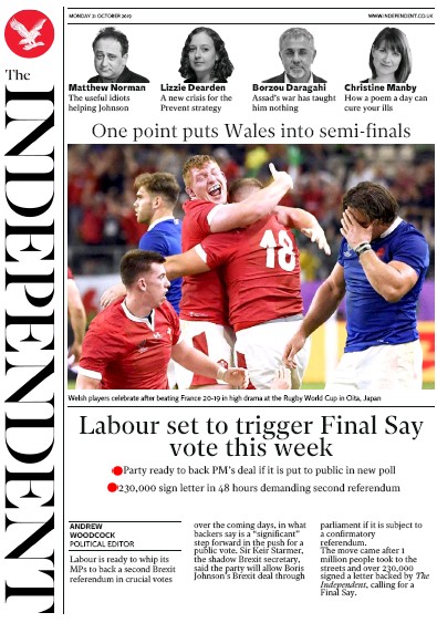The Independent Newspaper Front Page (UK) for 21 October 2019
