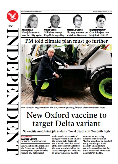 The Independent Newspaper Front Page (UK) for 21 October 2021