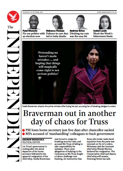 The Independent Newspaper Front Page (UK) for 21 October 2022