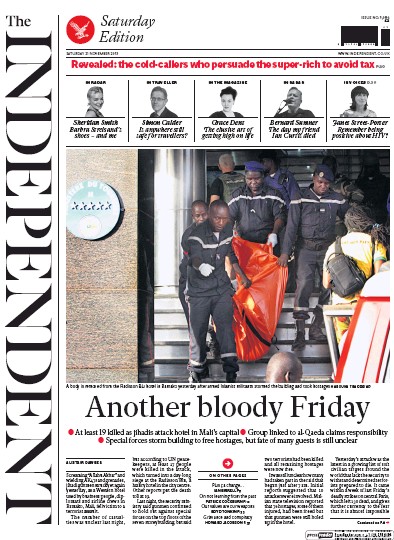 The Independent Newspaper Front Page (UK) for 21 November 2015