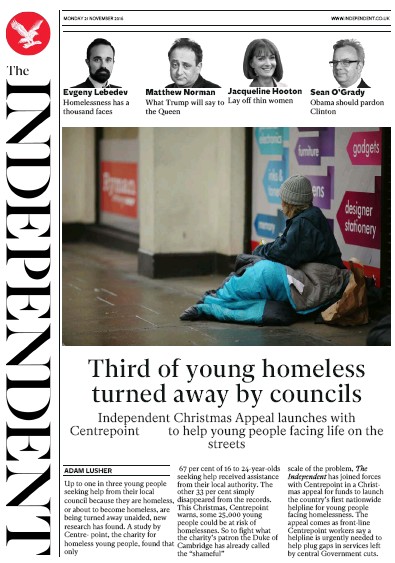 The Independent Newspaper Front Page (UK) for 21 November 2016