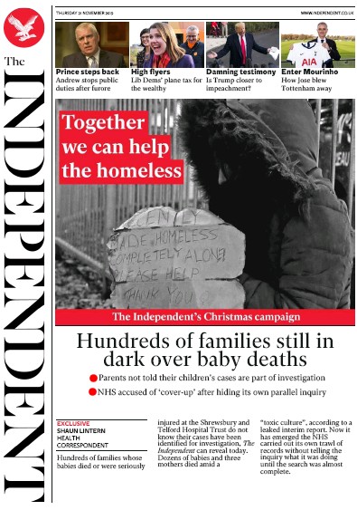 The Independent Newspaper Front Page (UK) for 21 November 2019