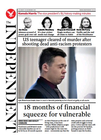 The Independent Newspaper Front Page (UK) for 21 November 2021