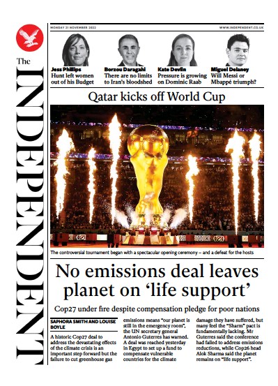 The Independent Newspaper Front Page (UK) for 21 November 2022