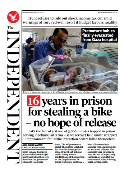 The Independent Newspaper Front Page (UK) for 21 November 2023