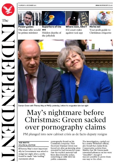 The Independent Newspaper Front Page (UK) for 21 December 2017