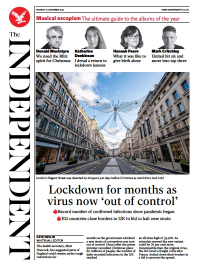 The Independent Newspaper Front Page (UK) for 21 December 2020