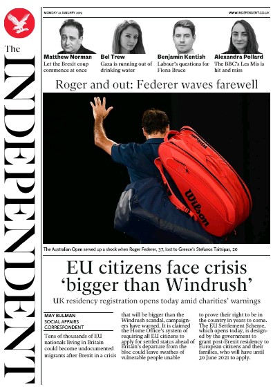 The Independent Newspaper Front Page (UK) for 21 January 2019