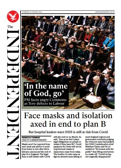 The Independent Newspaper Front Page (UK) for 21 January 2022