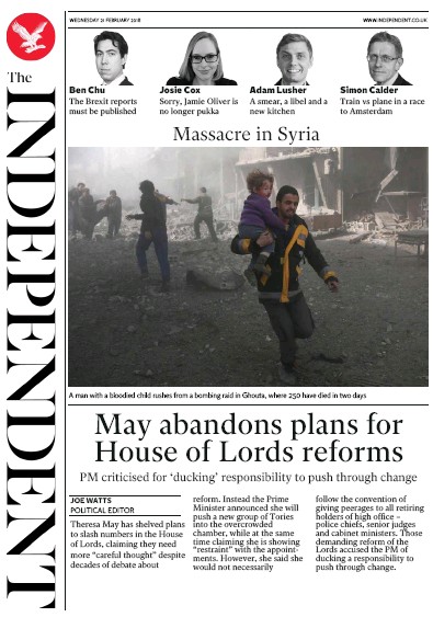 The Independent Newspaper Front Page (UK) for 21 February 2018