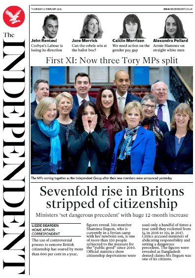The Independent Newspaper Front Page (UK) for 21 February 2019