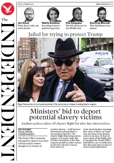 The Independent Newspaper Front Page (UK) for 21 February 2020