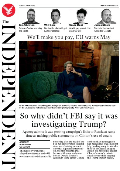 The Independent Newspaper Front Page (UK) for 21 March 2017