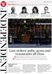 The Independent (UK) Newspaper Front Page for 21 March 2020