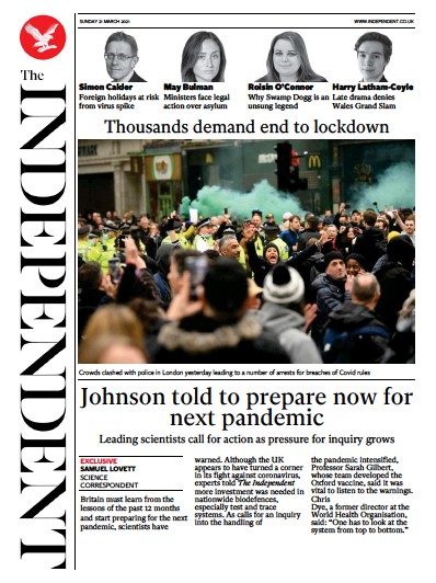 The Independent Newspaper Front Page (UK) for 21 March 2021