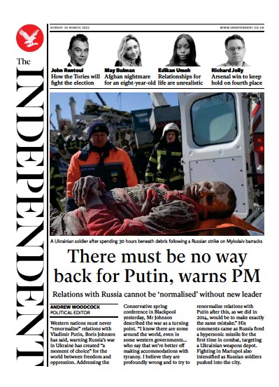 The Independent Newspaper Front Page (UK) for 21 March 2022