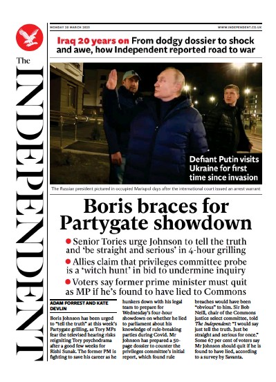 The Independent Newspaper Front Page (UK) for 21 March 2023