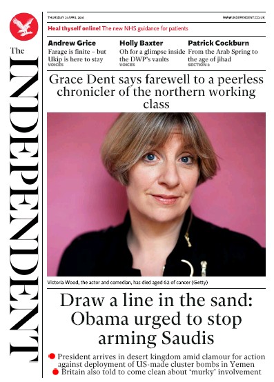 The Independent Newspaper Front Page (UK) for 21 April 2016
