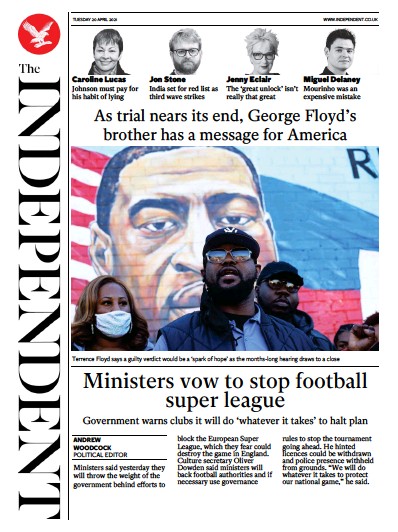 The Independent Newspaper Front Page (UK) for 21 April 2021