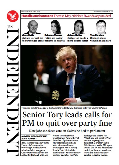 The Independent Newspaper Front Page (UK) for 21 April 2022