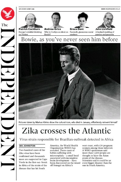 The Independent Newspaper Front Page (UK) for 21 May 2016
