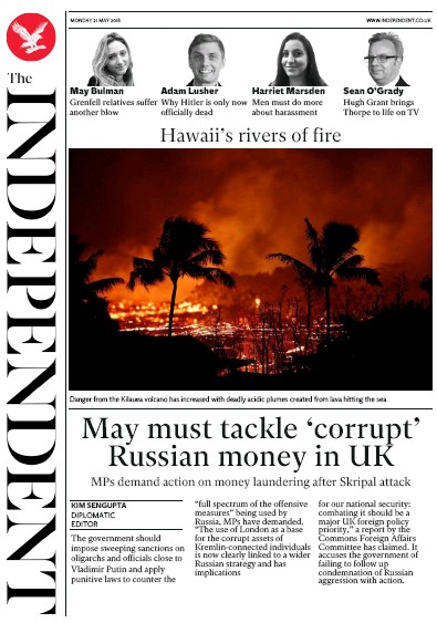 The Independent Newspaper Front Page (UK) for 21 May 2018