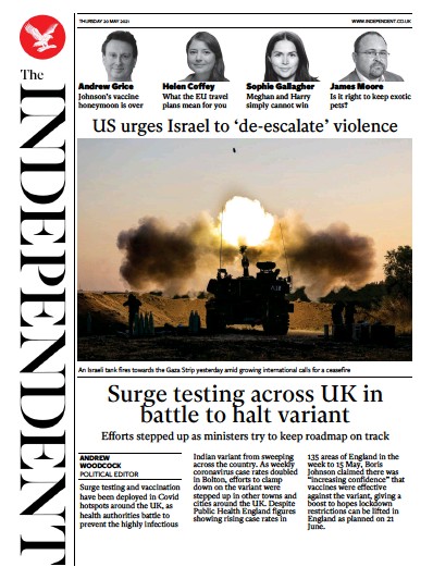 The Independent Newspaper Front Page (UK) for 21 May 2021