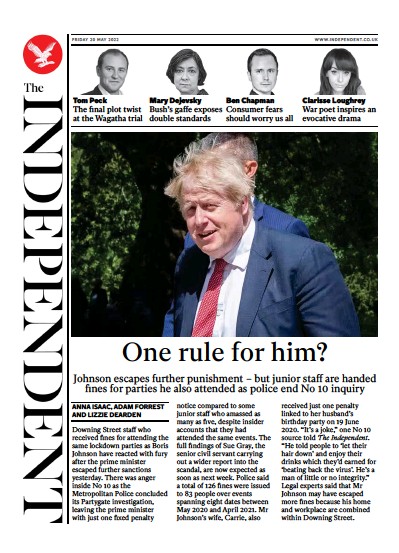 The Independent Newspaper Front Page (UK) for 21 May 2022