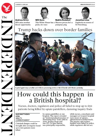 The Independent Newspaper Front Page (UK) for 21 June 2018