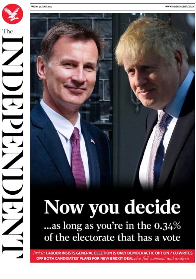 The Independent Newspaper Front Page (UK) for 21 June 2019